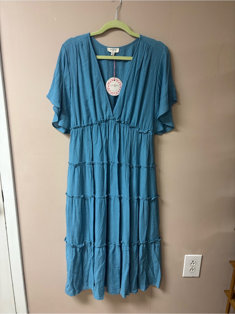 NWT Umgee Teal Tiered V-Neck Midi Dress M